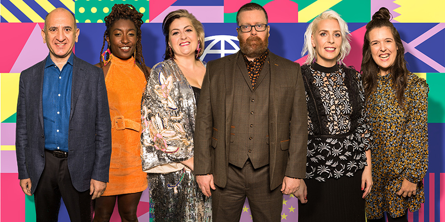 Frankie Boyle's New World Order. Image shows from L to R: Armando Iannucci, Sophie Duker, Kiri Pritchard-McLean, Frankie Boyle, Sara Pascoe, Rosie Jones. Copyright: Zeppotron. Frankie Boyle's New World Order. Image shows from L to R: Armando Iannucci, Sophie Duker, Kiri Pritchard-McLean, Frankie Boyle, Sara Pascoe, Rosie Jones. Copyright: Zeppotron.