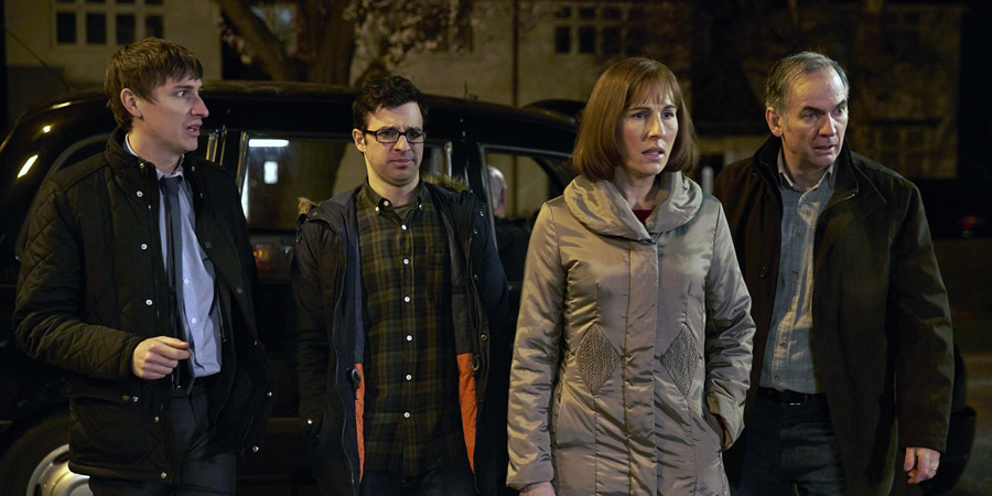 Friday Night Dinner. Image shows from L to R: Jonny (Tom Rosenthal), Adam (Simon Bird), Jackie (Tamsin Greig), Martin (Paul Ritter). Copyright: Big Talk Productions. Friday Night Dinner. Image shows from L to R: Jonny (Tom Rosenthal), Adam (Simon Bird), Jackie (Tamsin Greig), Martin (Paul Ritter). Copyright: Big Talk Productions.