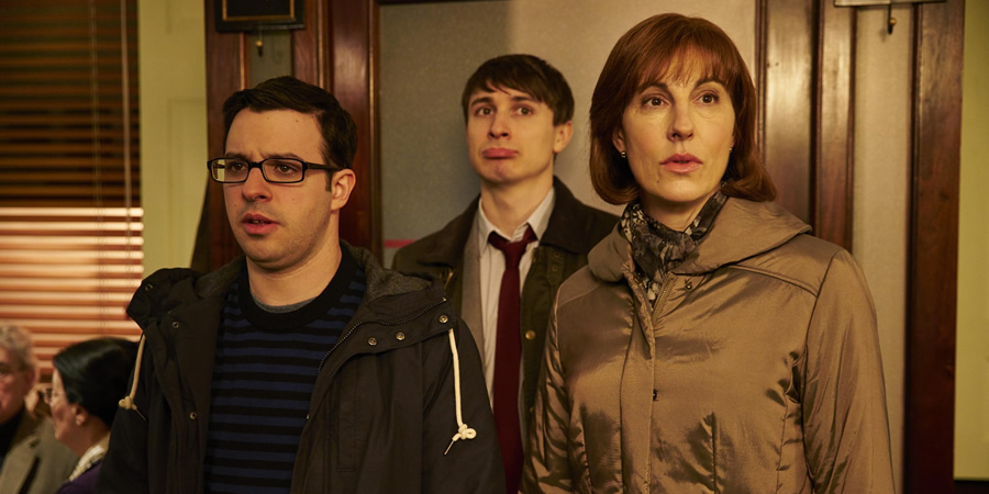 Friday Night Dinner. Image shows from L to R: Adam (Simon Bird), Jonny (Tom Rosenthal), Jackie (Tamsin Greig). Friday Night Dinner. Image shows from L to R: Adam (Simon Bird), Jonny (Tom Rosenthal), Jackie (Tamsin Greig).