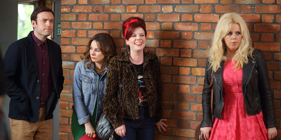 GameFace. Image shows from L to R: John (Brendan Patricks), Lucie (Cariad Lloyd), Caroline (Caroline Ginty), Marcella (Roisin Conaty). Copyright: Objective Productions. GameFace. Image shows from L to R: John (Brendan Patricks), Lucie (Cariad Lloyd), Caroline (Caroline Ginty), Marcella (Roisin Conaty). Copyright: Objective Productions.
