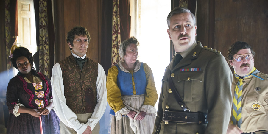 Ghosts. Image shows from L to R: Kitty (Lolly Adefope), Thomas Thorne (Mathew Baynton), Mary (Katy Wix), Captain (Ben Willbond), Pat (Jim Howick). Copyright: Monumental Pictures. Ghosts. Image shows from L to R: Kitty (Lolly Adefope), Thomas Thorne (Mathew Baynton), Mary (Katy Wix), Captain (Ben Willbond), Pat (Jim Howick). Copyright: Monumental Pictures.