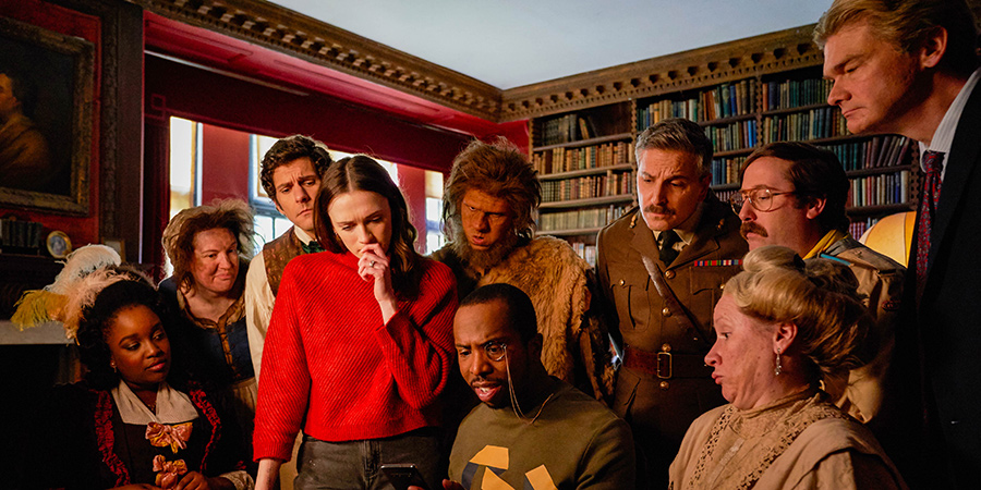 Ghosts. Image shows from L to R: Kitty (Lolly Adefope), Mary (Katy Wix), Thomas (Mathew Baynton), Alison (Charlotte Ritchie), Robin (Laurence Rickard), Mike (Kiell Smith-Bynoe), Captain (Ben Willbond), Lady Button (Martha Howe-Douglas), Pat (Jim Howick), Julian (Simon Farnaby). Copyright: Monumental Pictures. Ghosts. Image shows from L to R: Kitty (Lolly Adefope), Mary (Katy Wix), Thomas (Mathew Baynton), Alison (Charlotte Ritchie), Robin (Laurence Rickard), Mike (Kiell Smith-Bynoe), Captain (Ben Willbond), Lady Button (Martha Howe-Douglas), Pat (Jim Howick), Julian (Simon Farnaby). Copyright: Monumental Pictures.