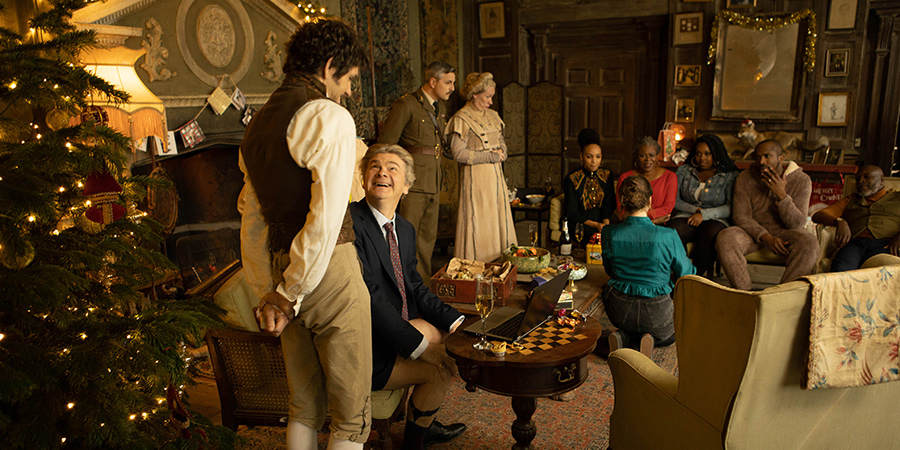 Ghosts. Image shows from L to R: Thomas (Mathew Baynton), Julian (Simon Farnaby), Captain (Ben Willbond), Lady Button (Martha Howe-Douglas), Leila (Timmika Ramsay), Betty (Lorna Gaye), Angela (Samantha Pearl), Mike (Kiell Smith-Bynoe). Copyright: Monumental Pictures. Ghosts. Image shows from L to R: Thomas (Mathew Baynton), Julian (Simon Farnaby), Captain (Ben Willbond), Lady Button (Martha Howe-Douglas), Leila (Timmika Ramsay), Betty (Lorna Gaye), Angela (Samantha Pearl), Mike (Kiell Smith-Bynoe). Copyright: Monumental Pictures.