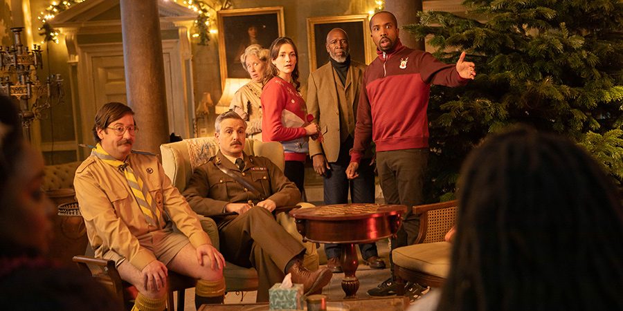 Ghosts. Image shows from L to R: Pat (Jim Howick), Captain (Ben Willbond), Lady Button (Martha Howe-Douglas), Alison (Charlotte Ritchie), Errol (Leon Herbert), Mike (Kiell Smith-Bynoe). Copyright: Monumental Pictures. Ghosts. Image shows from L to R: Pat (Jim Howick), Captain (Ben Willbond), Lady Button (Martha Howe-Douglas), Alison (Charlotte Ritchie), Errol (Leon Herbert), Mike (Kiell Smith-Bynoe). Copyright: Monumental Pictures.