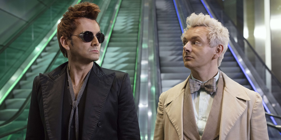 Good Omens. Image shows from L to R: Crowley (David Tennant), Aziraphale (Michael Sheen). Good Omens. Image shows from L to R: Crowley (David Tennant), Aziraphale (Michael Sheen).