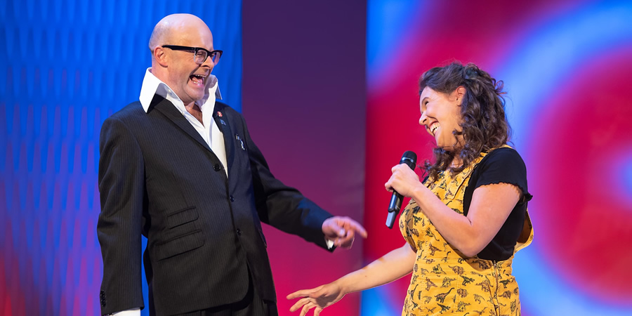 Harry Hill's ClubNite. Image shows from L to R: Harry Hill, Rosie Jones. Copyright: Nit TV. Harry Hill's ClubNite. Image shows from L to R: Harry Hill, Rosie Jones. Copyright: Nit TV.