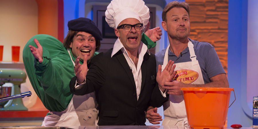 Harry Hill's Tea Time. Image shows from L to R: Trevor Modo (Charlie Baker), Harry Hill, Jason Donovan. Copyright: Nit TV. Harry Hill's Tea Time. Image shows from L to R: Trevor Modo (Charlie Baker), Harry Hill, Jason Donovan. Copyright: Nit TV.