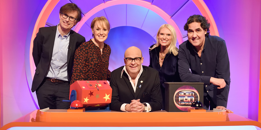 Harry Hill's Alien Fun Capsule. Image shows from L to R: Robert Peston, Sally Dynevor, Harry Hill, Anneka Rice, Micky Flanagan. Copyright: Nit TV. Harry Hill's Alien Fun Capsule. Image shows from L to R: Robert Peston, Sally Dynevor, Harry Hill, Anneka Rice, Micky Flanagan. Copyright: Nit TV.