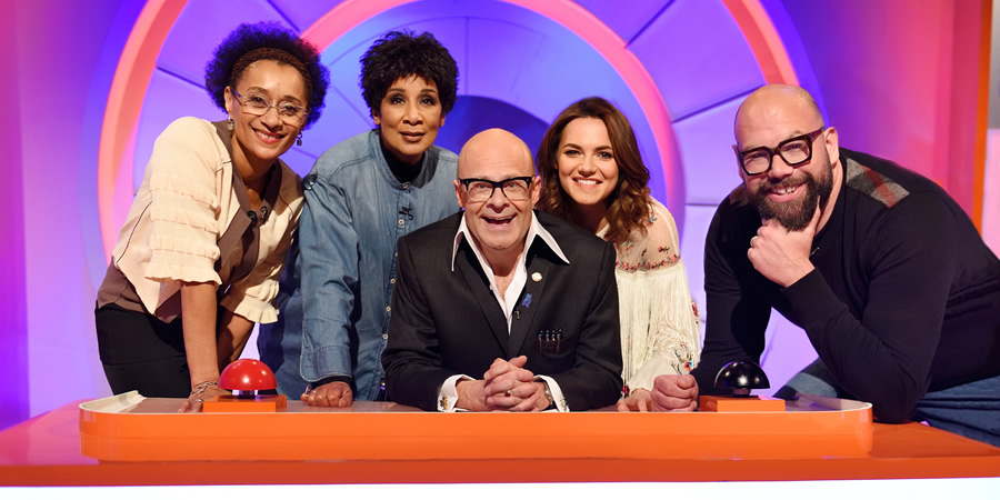 Harry Hill's Alien Fun Capsule. Image shows from L to R: Suzanne Packer, Moira Stuart, Harry Hill, Kara Tointon, Tom Davis. Copyright: Nit TV. Harry Hill's Alien Fun Capsule. Image shows from L to R: Suzanne Packer, Moira Stuart, Harry Hill, Kara Tointon, Tom Davis. Copyright: Nit TV.