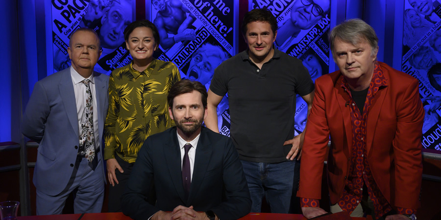 Have I Got News For You. Image shows from L to R: Ian Hislop, Zoe Lyons, David Tennant, Johnny Mercer, Paul Merton. Have I Got News For You. Image shows from L to R: Ian Hislop, Zoe Lyons, David Tennant, Johnny Mercer, Paul Merton.