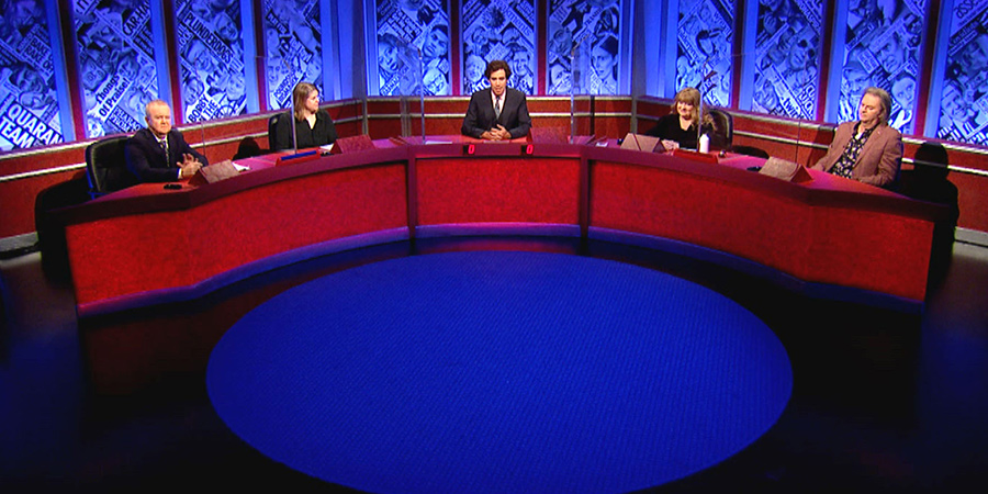 Have I Got News For You. Image shows from L to R: Ian Hislop, Helen Lewis, Stephen Mangan, Janey Godley, Paul Merton. Have I Got News For You. Image shows from L to R: Ian Hislop, Helen Lewis, Stephen Mangan, Janey Godley, Paul Merton.