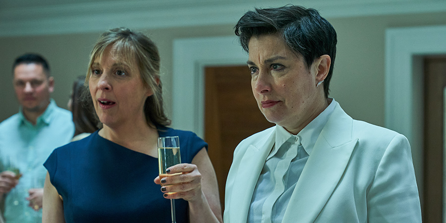 Hitmen. Image shows from L to R: Jamie (Mel Giedroyc), Fran (Sue Perkins). Copyright: Tiger Aspect Productions. Hitmen. Image shows from L to R: Jamie (Mel Giedroyc), Fran (Sue Perkins). Copyright: Tiger Aspect Productions.