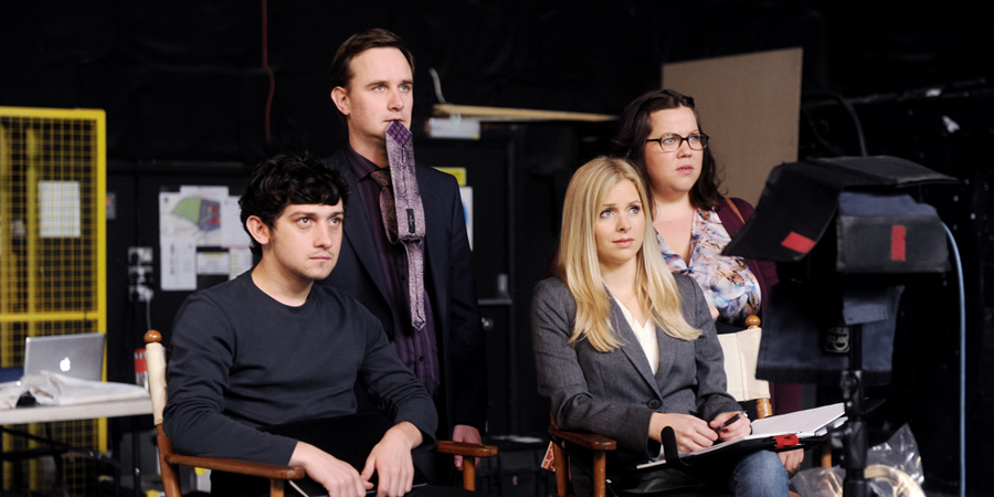 Hoff The Record. Image shows from L to R: Josh Brooke-Webb (Craig Roberts), Max Coleman (Fergus Craig), Millie Wyatt (Miranda Hennessy), Harriet Fitzgerald (Ella Smith). Copyright: Me & You Productions. Hoff The Record. Image shows from L to R: Josh Brooke-Webb (Craig Roberts), Max Coleman (Fergus Craig), Millie Wyatt (Miranda Hennessy), Harriet Fitzgerald (Ella Smith). Copyright: Me & You Productions.