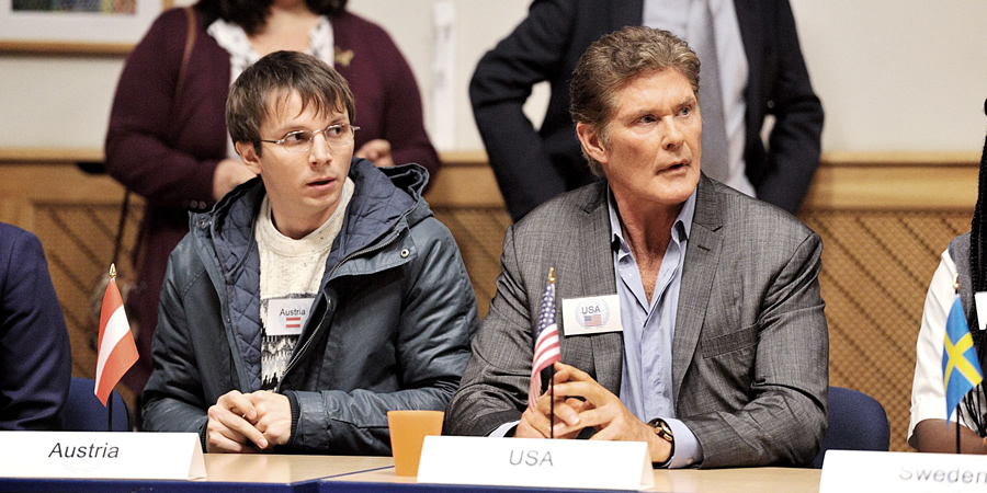 Hoff The Record. Image shows from L to R: Dieter Hasselhoff (Mark Quartley), Hoff (David Hasselhoff). Copyright: Me & You Productions. Hoff The Record. Image shows from L to R: Dieter Hasselhoff (Mark Quartley), Hoff (David Hasselhoff). Copyright: Me & You Productions.