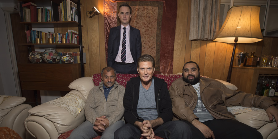 Hoff The Record. Image shows from L to R: Uncle Ron (Vincent Ebrahim), Max Coleman (Fergus Craig), Hoff (David Hasselhoff), Terry Patel (Asim Chaudhry). Copyright: Me & You Productions. Hoff The Record. Image shows from L to R: Uncle Ron (Vincent Ebrahim), Max Coleman (Fergus Craig), Hoff (David Hasselhoff), Terry Patel (Asim Chaudhry). Copyright: Me & You Productions.