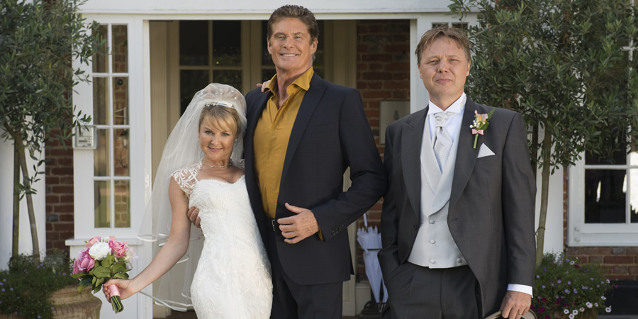Hoff The Record. Image shows from L to R: Patricia (Sarah Hadland), Hoff (David Hasselhoff), Greg (Shaun Dooley). Copyright: Me & You Productions. Hoff The Record. Image shows from L to R: Patricia (Sarah Hadland), Hoff (David Hasselhoff), Greg (Shaun Dooley). Copyright: Me & You Productions.