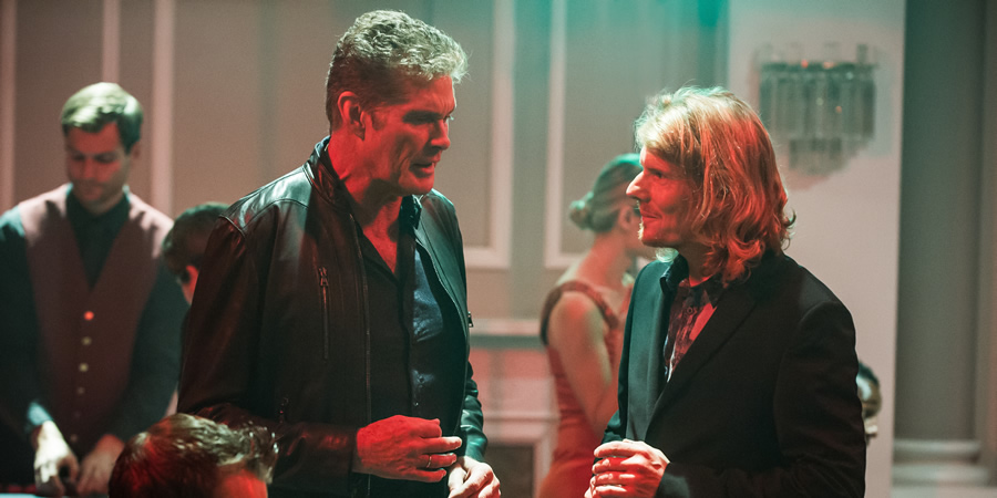Hoff The Record. Image shows from L to R: Hoff (David Hasselhoff), Bunny Vasilis (Julian Rhind-Tutt). Copyright: Me & You Productions. Hoff The Record. Image shows from L to R: Hoff (David Hasselhoff), Bunny Vasilis (Julian Rhind-Tutt). Copyright: Me & You Productions.