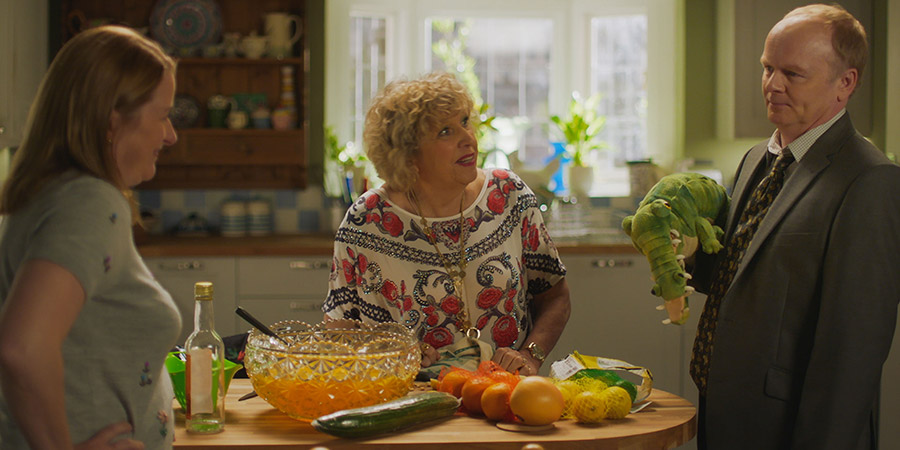 Hold The Sunset. Image shows from L to R: Wendy Stevens (Rosie Cavaliero), Queenie Gale (Anne Reid), Roger (Jason Watkins). Copyright: BBC. Hold The Sunset. Image shows from L to R: Wendy Stevens (Rosie Cavaliero), Queenie Gale (Anne Reid), Roger (Jason Watkins). Copyright: BBC.