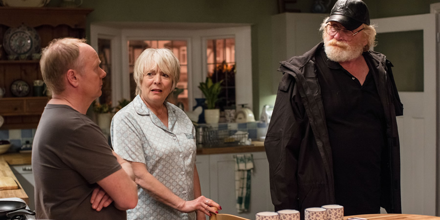 Hold The Sunset. Image shows from L to R: Roger (Jason Watkins), Edith (Alison Steadman), Bob (James Cosmo). Copyright: BBC. Hold The Sunset. Image shows from L to R: Roger (Jason Watkins), Edith (Alison Steadman), Bob (James Cosmo). Copyright: BBC.