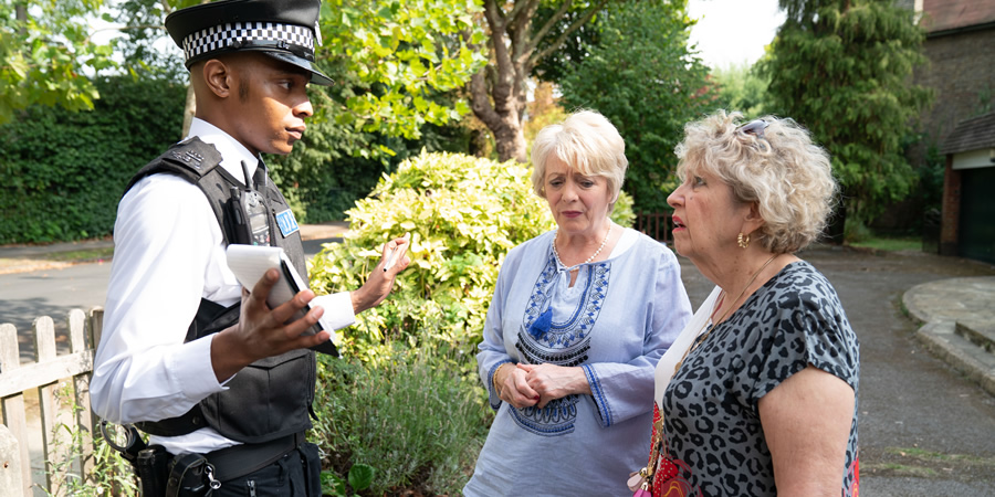 Hold The Sunset. Image shows from L to R: Police Officer (Khali Best), Edith (Alison Steadman), Queenie Gale (Anne Reid). Hold The Sunset. Image shows from L to R: Police Officer (Khali Best), Edith (Alison Steadman), Queenie Gale (Anne Reid).