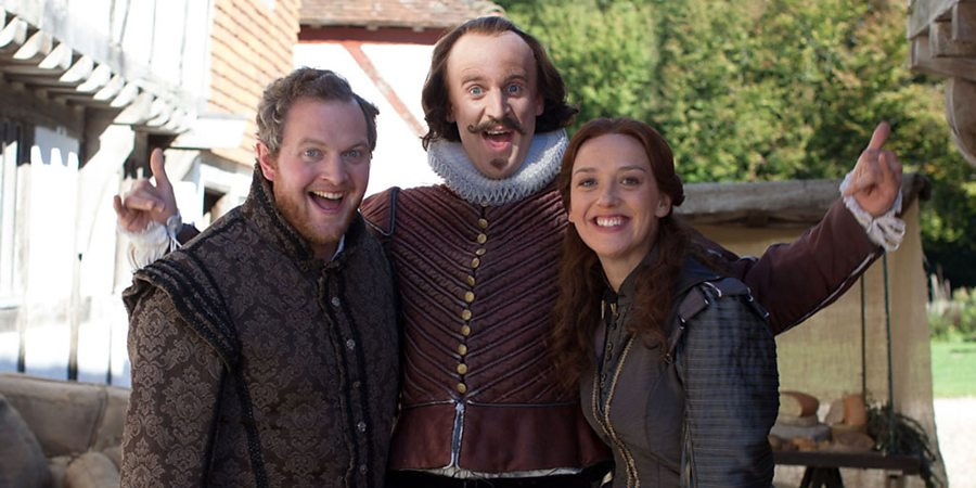 Horrible Histories. Image shows from L to R: Frances (Miles Jupp), William Shakespeare (Tom Stourton), Jessica Ransom. Copyright: Lion Television / Citrus Television. Horrible Histories. Image shows from L to R: Frances (Miles Jupp), William Shakespeare (Tom Stourton), Jessica Ransom. Copyright: Lion Television / Citrus Television.