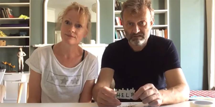 Housebound. Image shows from L to R: Grace (Claire Skinner), John (Hugh Dennis). Copyright: Busby Productions. Housebound. Image shows from L to R: Grace (Claire Skinner), John (Hugh Dennis). Copyright: Busby Productions.