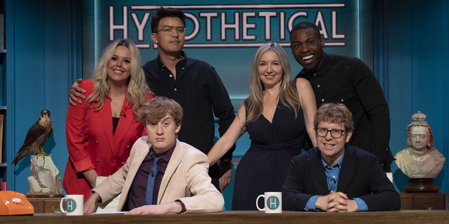 Hypothetical. Image shows from L to R: Roisin Conaty, James Acaster, Phil Wang, Victoria Coren Mitchell, Darren Harriott, Josh Widdicombe. Copyright: Hat Trick Productions. Hypothetical. Image shows from L to R: Roisin Conaty, James Acaster, Phil Wang, Victoria Coren Mitchell, Darren Harriott, Josh Widdicombe. Copyright: Hat Trick Productions.