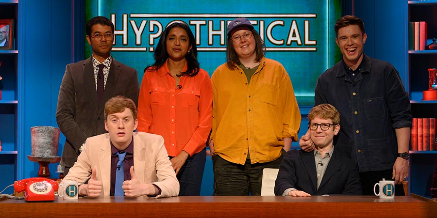 Hypothetical. Image shows from L to R: Richard Ayoade, James Acaster, Sindhu Vee, Chloe Petts, Josh Widdicombe, Ed Gamble. Copyright: Hat Trick Productions. Hypothetical. Image shows from L to R: Richard Ayoade, James Acaster, Sindhu Vee, Chloe Petts, Josh Widdicombe, Ed Gamble. Copyright: Hat Trick Productions.