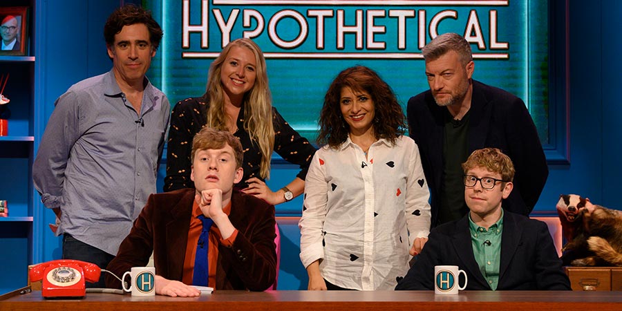 Hypothetical. Image shows from L to R: Stephen Mangan, James Acaster, Tessa Coates, Shappi Khorsandi, Charlie Brooker, Josh Widdicombe. Copyright: Hat Trick Productions. Hypothetical. Image shows from L to R: Stephen Mangan, James Acaster, Tessa Coates, Shappi Khorsandi, Charlie Brooker, Josh Widdicombe. Copyright: Hat Trick Productions.