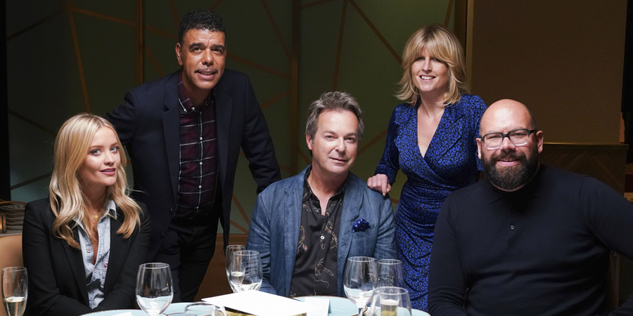 I'll Get This. Image shows from L to R: Laura Whitmore, Chris Kamara, Julian Clary, Rachel Johnson, Tom Davis. Copyright: 12 Yard Productions. I'll Get This. Image shows from L to R: Laura Whitmore, Chris Kamara, Julian Clary, Rachel Johnson, Tom Davis. Copyright: 12 Yard Productions.