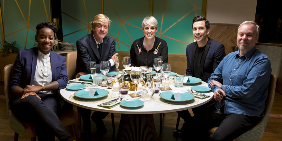 I'll Get This. Image shows from L to R: Ashley Charles, Richard Madeley, Stephanie McGovern, Russell Kane, Steve Pemberton. Copyright: 12 Yard Productions. I'll Get This. Image shows from L to R: Ashley Charles, Richard Madeley, Stephanie McGovern, Russell Kane, Steve Pemberton. Copyright: 12 Yard Productions.