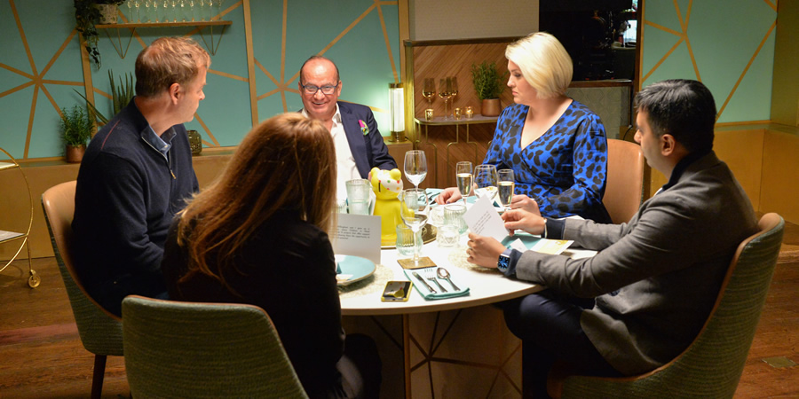 I'll Get This. Image shows from L to R: Peter Jones, Sarah Willingham, Touker Suleyman, Sara Davies, Tej Lalvani. Copyright: 12 Yard Productions. I'll Get This. Image shows from L to R: Peter Jones, Sarah Willingham, Touker Suleyman, Sara Davies, Tej Lalvani. Copyright: 12 Yard Productions.