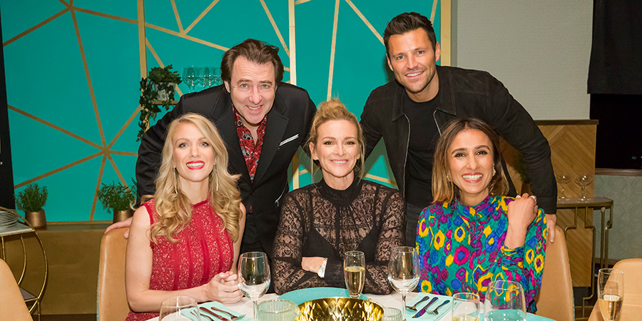 I'll Get This. Image shows from L to R: Rachel Parris, Jonathan Ross, Gabby Logan, Mark Wright, Anita Rani. Copyright: 12 Yard Productions. I'll Get This. Image shows from L to R: Rachel Parris, Jonathan Ross, Gabby Logan, Mark Wright, Anita Rani. Copyright: 12 Yard Productions.