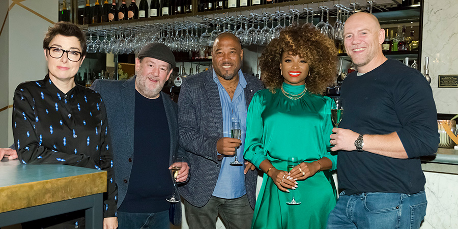 I'll Get This. Image shows from L to R: Sue Perkins, Johnny Vegas, John Barnes, Fleur East, Mike Tindall. Copyright: 12 Yard Productions. I'll Get This. Image shows from L to R: Sue Perkins, Johnny Vegas, John Barnes, Fleur East, Mike Tindall. Copyright: 12 Yard Productions.