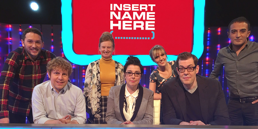 Insert Name Here. Image shows from L to R: Jon Richardson, Josh Widdicombe, Ruth Goodman, Sue Perkins, Holly Walsh, Richard Osman, Adil Ray. Copyright: 12 Yard Productions / Black Dog Television. Insert Name Here. Image shows from L to R: Jon Richardson, Josh Widdicombe, Ruth Goodman, Sue Perkins, Holly Walsh, Richard Osman, Adil Ray. Copyright: 12 Yard Productions / Black Dog Television.
