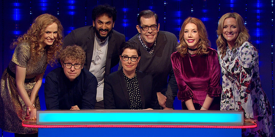 Insert Name Here. Image shows from L to R: Kate Williams, Josh Widdicombe, Nish Kumar, Sue Perkins, Richard Osman, Katherine Ryan, Gabby Logan. Copyright: Black Dog Television. Insert Name Here. Image shows from L to R: Kate Williams, Josh Widdicombe, Nish Kumar, Sue Perkins, Richard Osman, Katherine Ryan, Gabby Logan. Copyright: Black Dog Television.