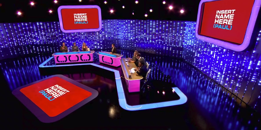 Insert Name Here. Image shows from L to R: Ed Gamble, Josh Widdicombe, Suzannah Lipscomb, Sue Perkins, Katy Brand, Richard Osman, Amol Rajan. Insert Name Here. Image shows from L to R: Ed Gamble, Josh Widdicombe, Suzannah Lipscomb, Sue Perkins, Katy Brand, Richard Osman, Amol Rajan.