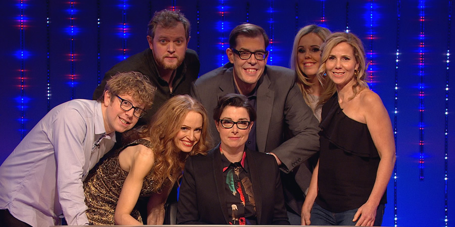 Insert Name Here. Image shows from L to R: Josh Widdicombe, Miles Jupp, Kate Williams, Sue Perkins, Richard Osman, Roisin Conaty, Sally Phillips. Insert Name Here. Image shows from L to R: Josh Widdicombe, Miles Jupp, Kate Williams, Sue Perkins, Richard Osman, Roisin Conaty, Sally Phillips.