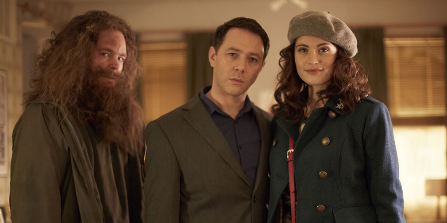 Inside No. 9. Image shows from L to R: Migg (Steve Pemberton), Tom (Reece Shearsmith), Gerri (Gemma Arterton). Copyright: BBC. Inside No. 9. Image shows from L to R: Migg (Steve Pemberton), Tom (Reece Shearsmith), Gerri (Gemma Arterton). Copyright: BBC.