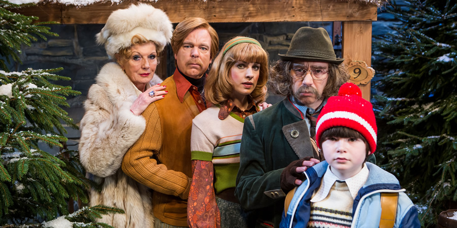 Inside No. 9. Image shows from L to R: Celia (Rula Lenska), Julian Devonshire (Steve Pemberton), Kathy Devonshire (Jessica Raine), Klaus (Reece Shearsmith), Toby Devonshire (George Bedford). Copyright: BBC.