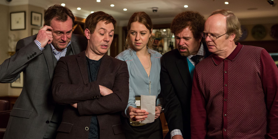 Inside No. 9. Image shows from L to R: Craig (Philip Glenister), Archie (Reece Shearsmith), Anya (Ellie White), Malcolm (Steve Pemberton), Kevin (Jason Watkins). Copyright: BBC.