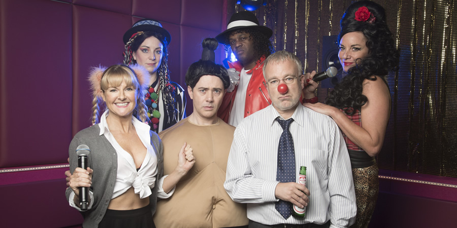 Inside No. 9. Image shows from L to R: Fran (Sarah Hadland), Janet (Emily Howlett), Greg (Reece Shearsmith), Duane (Javone Prince), Roger (Steve Pemberton), Connie (Tamzin Outhwaite). Copyright: BBC. Inside No. 9. Image shows from L to R: Fran (Sarah Hadland), Janet (Emily Howlett), Greg (Reece Shearsmith), Duane (Javone Prince), Roger (Steve Pemberton), Connie (Tamzin Outhwaite). Copyright: BBC.