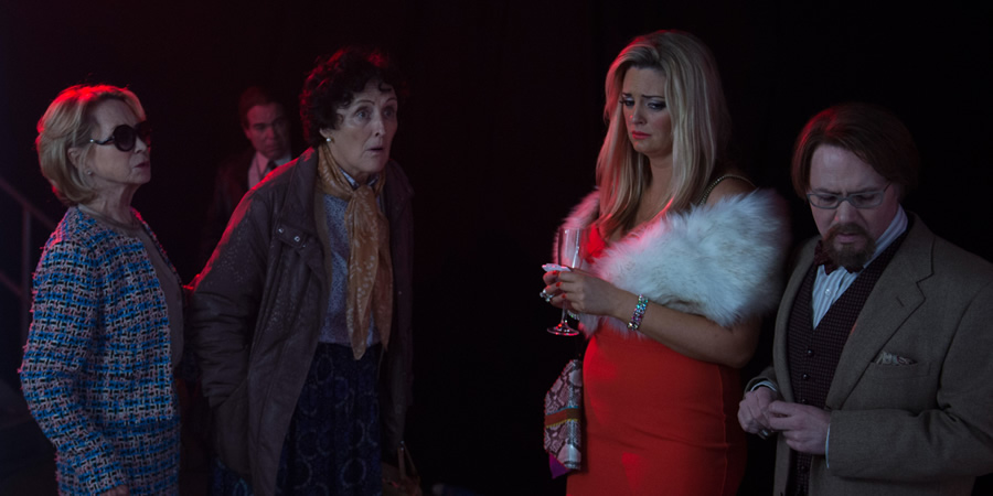 Inside No. 9. Image shows from L to R: Patricia (Felicity Kendal), Kenneth (Steve Pemberton), Jean (Fiona Shaw), Carrie (Morgana Robinson), Maurice (Reece Shearsmith). Copyright: BBC. Inside No. 9. Image shows from L to R: Patricia (Felicity Kendal), Kenneth (Steve Pemberton), Jean (Fiona Shaw), Carrie (Morgana Robinson), Maurice (Reece Shearsmith). Copyright: BBC.