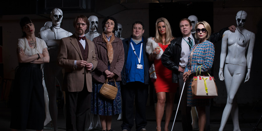 Inside No. 9. Image shows from L to R: Bea (Montserrat Lombard), Maurice (Reece Shearsmith), Jean (Fiona Shaw), Neil (Peter Kay), Carrie (Morgana Robinson), Kenneth (Steve Pemberton), Patricia (Felicity Kendal). Copyright: BBC. Inside No. 9. Image shows from L to R: Bea (Montserrat Lombard), Maurice (Reece Shearsmith), Jean (Fiona Shaw), Neil (Peter Kay), Carrie (Morgana Robinson), Kenneth (Steve Pemberton), Patricia (Felicity Kendal). Copyright: BBC.