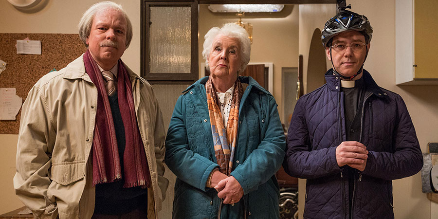 Inside No. 9. Image shows from L to R: Arthur Flitwick (Steve Pemberton), Moira O'Keefe (Stephanie Cole), Rev. Neil (Reece Shearsmith). Copyright: BBC. Inside No. 9. Image shows from L to R: Arthur Flitwick (Steve Pemberton), Moira O'Keefe (Stephanie Cole), Rev. Neil (Reece Shearsmith). Copyright: BBC.