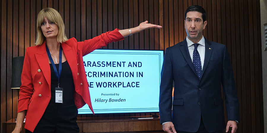 Intelligence. Image shows from L to R: Hilary (Morgana Robinson), Jerry Bernstein (David Schwimmer). Intelligence. Image shows from L to R: Hilary (Morgana Robinson), Jerry Bernstein (David Schwimmer).