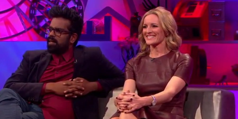 Jack Dee's HelpDesk. Image shows from L to R: Romesh Ranganathan, Gabby Logan. Jack Dee's HelpDesk. Image shows from L to R: Romesh Ranganathan, Gabby Logan.
