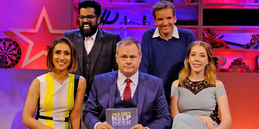 Jack Dee's HelpDesk. Image shows from L to R: Anita Rani, Romesh Ranganathan, Jack Dee, Henning Wehn, Katherine Ryan. Jack Dee's HelpDesk. Image shows from L to R: Anita Rani, Romesh Ranganathan, Jack Dee, Henning Wehn, Katherine Ryan.