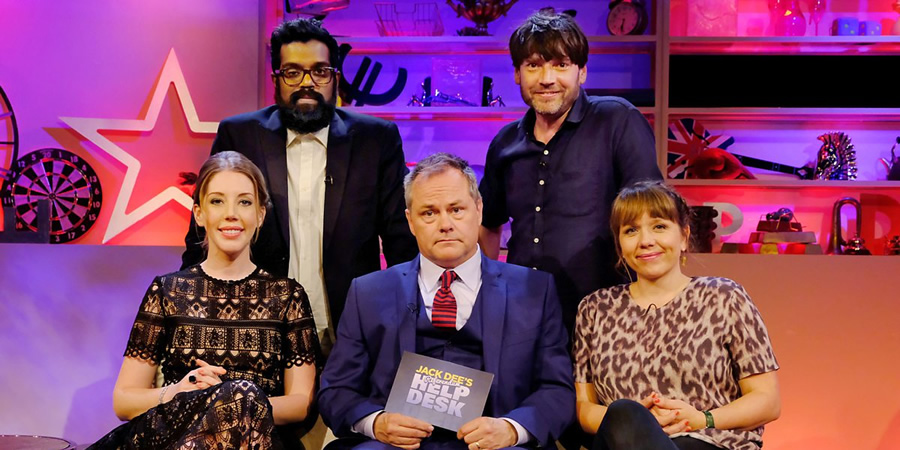 Jack Dee's HelpDesk. Image shows from L to R: Katherine Ryan, Romesh Ranganathan, Jack Dee, Alex James, Kerry Godliman. Jack Dee's HelpDesk. Image shows from L to R: Katherine Ryan, Romesh Ranganathan, Jack Dee, Alex James, Kerry Godliman.