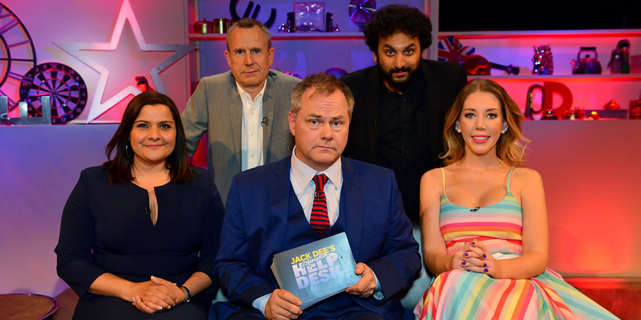 Jack Dee's HelpDesk. Image shows from L to R: Nina Wadia, Jeremy Hardy, Jack Dee, Nish Kumar, Katherine Ryan. Jack Dee's HelpDesk. Image shows from L to R: Nina Wadia, Jeremy Hardy, Jack Dee, Nish Kumar, Katherine Ryan.